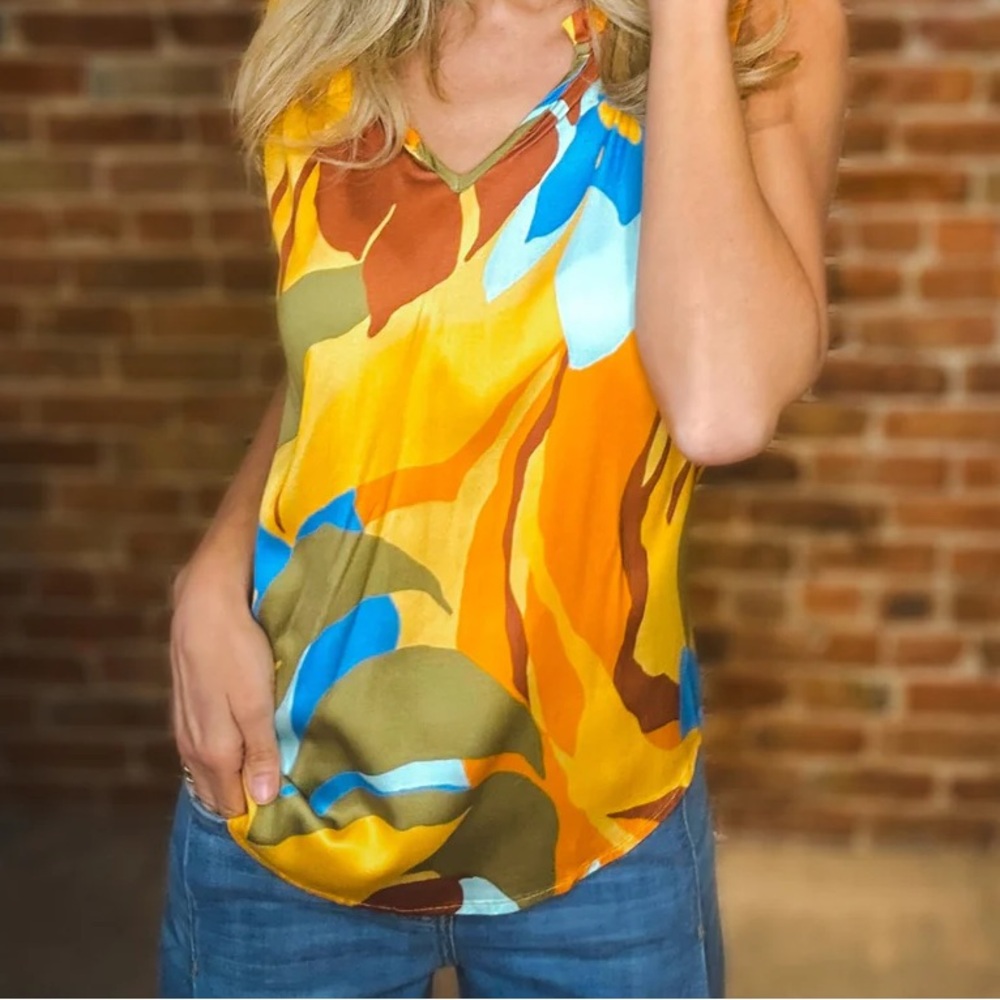 NWT Tribal V-Neck Sleeveless Camisole in Mustard, Brown & Blue Floral